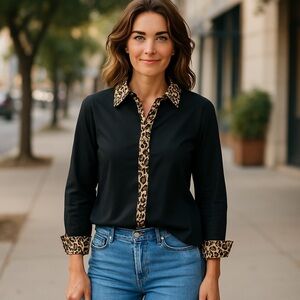 Chico's Blouse Womens Animal Print Button Up Wrinkle Resistant Cotton Size 3 NWT